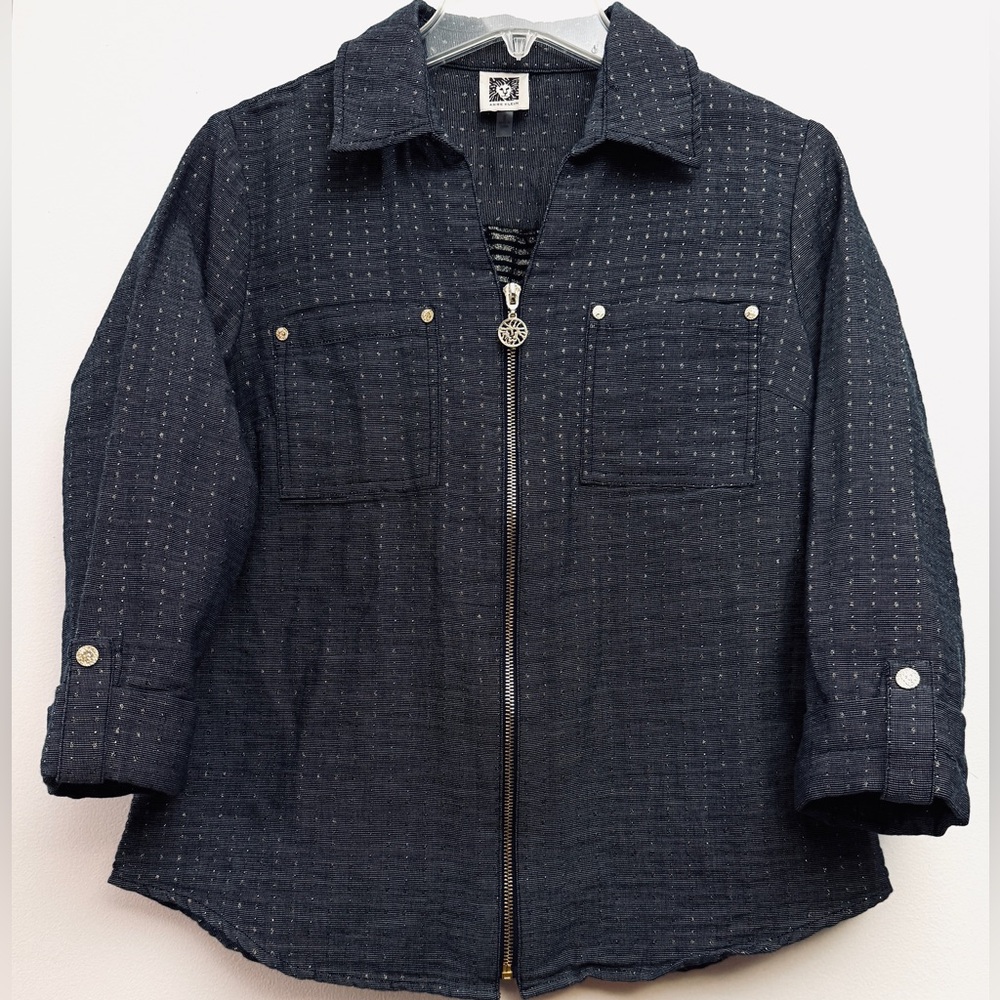 Anne Klein Dark Blue Patterned Jacket with Golden Thread and Accents